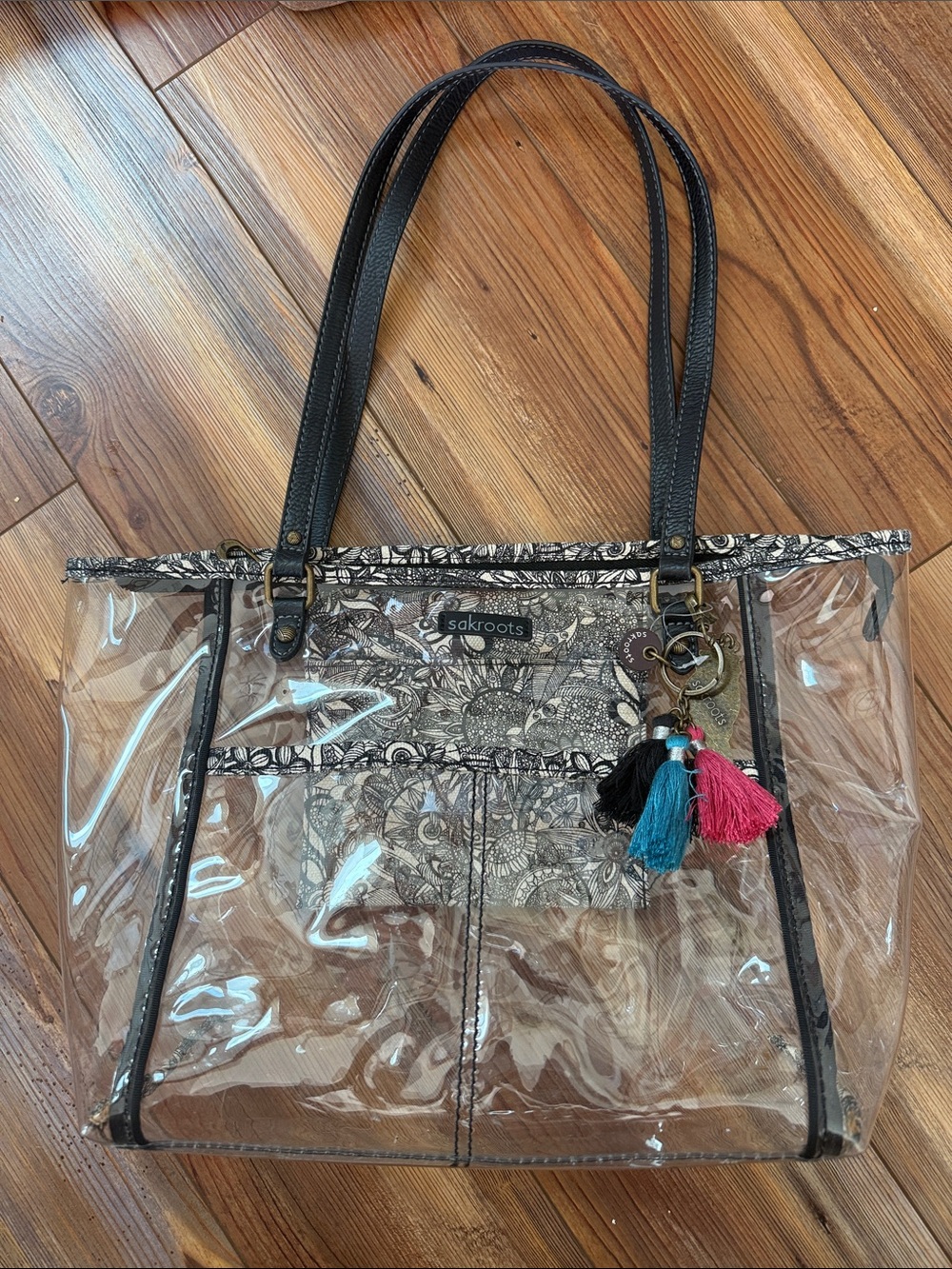 Sakroots Clear Tote with Black Trim and Pink, Blue, Black Tassels